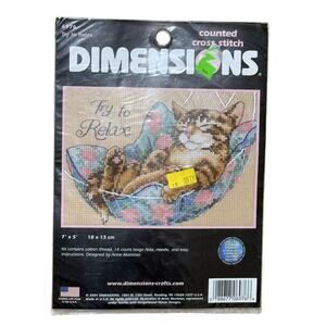 VTG Deadstock Dimensions "Try To Relax" Cat  #6976 Cross Stitch Kit